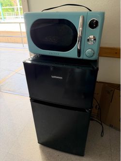 Mini fridge, microwave, Keurig, and coffee grinder