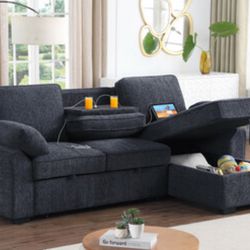 91" Chenille Sleeper Sectional with Storage Chaise, Drop-Down Table, Cup Holders and Charging Ports