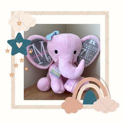 Personalized Baby Newborn Birth Stats Announcement, Plush Elephant Stuffed
