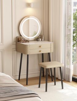 Beige Small Vanity Desk with Mirror