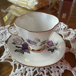 Cup & Saucer Made In England Beautiful Purple & White Roses