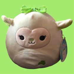 Squishmallows for Claire’s Emela the lamb 8 inch  Emela is a pale green lamb with a peach colored face. Her nose is lime green, matching her inner ear