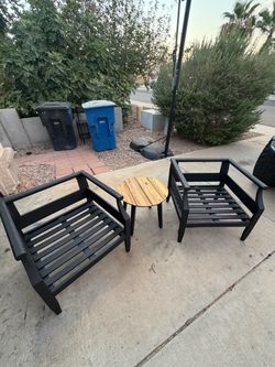 2 Wooden Patio Chairs + Side Table