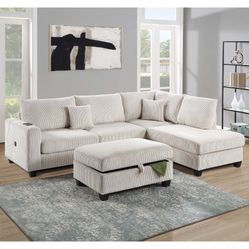 Ivory Corduroy Sectional With USB Ports To Charge Storage Ottoman Pillows Included Brand New In Box Firm Price $529