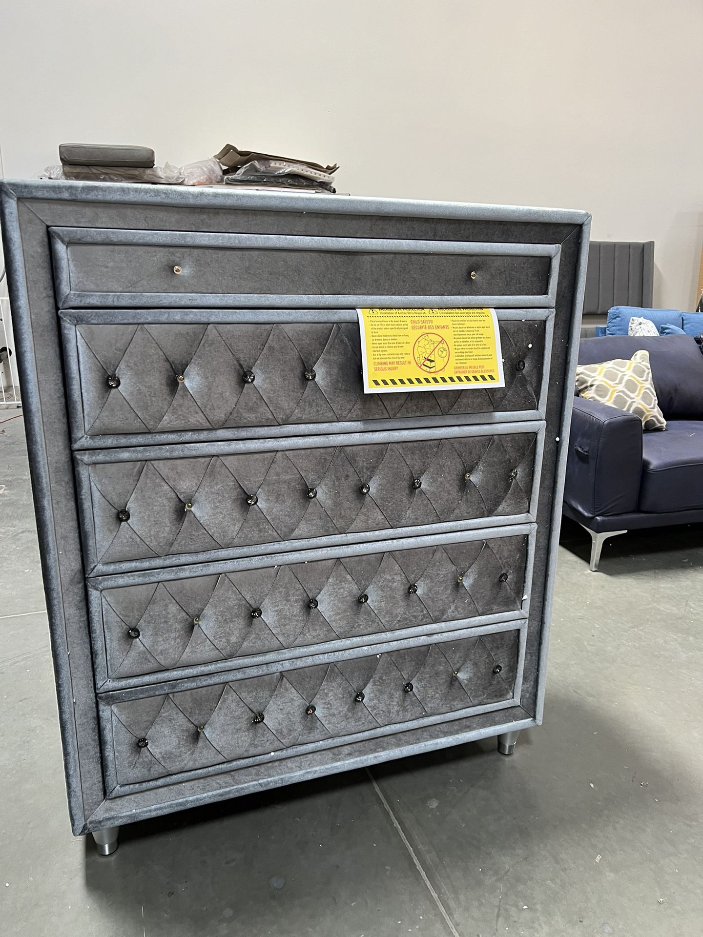 !!New!!!Gray 5-Drawer Chest, Tall Chest, Jeweled Knob Chest, Upholstered Chest, Dovetailed Drawer Design Chest, Dresser, Nightstand 