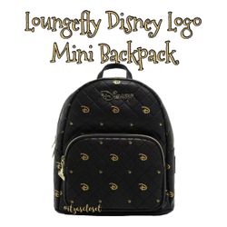 Loungefly Disney Logo Quilted Black with Gold “D” Mini Backpack NWT