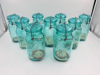 LOT OF 9: Vintage 1976 Ball Bicentennial Aqua Mason Jars - MINT New Old Stock w/ Factory Inserts & original unused rubber gasket