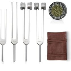 Tuning Forks for Healing Set - Includes 128Hz, 136Hz, 256Hz, 384Hz & Activator, Portable in Red Leather Pouch - Medical Grade Sound Healing Instrument