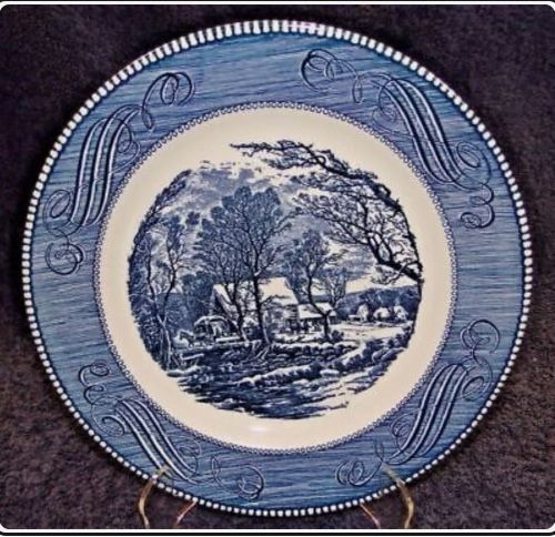 Vintage Set of 5 Currier Ives Royal China Blue White Old Grist Mill Dinner Plates 10"
