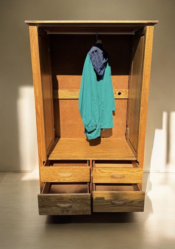 Traditional solid oak clothes wardrobe armoire w/4 drawers: 22 deep by 40 1/2 L by 72H.