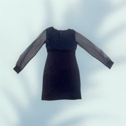 Navy Blue Mini Dress Sheer Mesh Long Sleeve Sparkle Detail Size Small