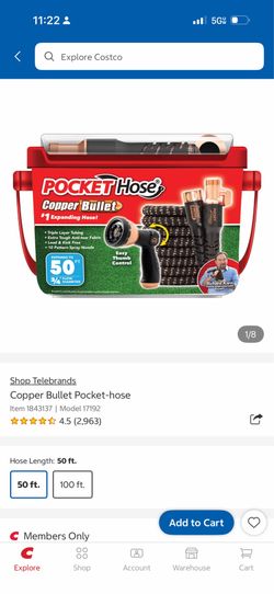 Pocket Hose Copper Bullet expandable hose from Costco. The one you have pulled up is: * 50 ft * 3/4-inch flow diameter * Expands when the water is o