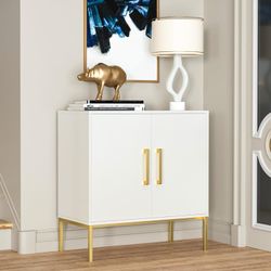 FH0007WH Buffet Sideboard Cabinet with Storage, Modern Wooden Free Standing Cabinet with Adjustable Shelves, White and Gold Cabinets for Living Room, 