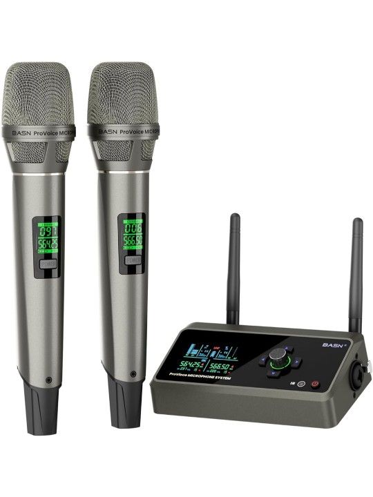 BASN UHF Wireless Dual Microphone System, Portable Rechargeable Mic and Mini Receiver with EQ/Reverb for Karaoke, Outdoor Events, Small Stage, Travel