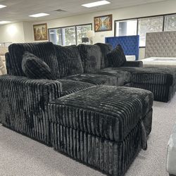 Black Corduroy Sectional w/ Pull‑Out Bed + Storage 🖤🛋️🔥