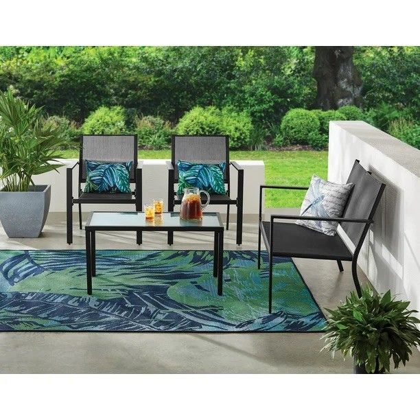 Mainstays Kingston Ridge 4-Piece Outdoor Patio Furniture with Grey Sling Conversation Set, Black Metal For 160