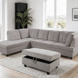 COSTCO Gray Chenille Sectional Couch And Ottoman 