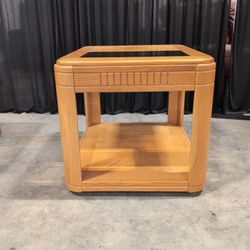 Traditional Light Oak Square End Table with Glass Top