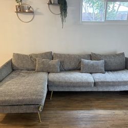Grey Sectional Couch with Chaise Lounge and Gold Legs