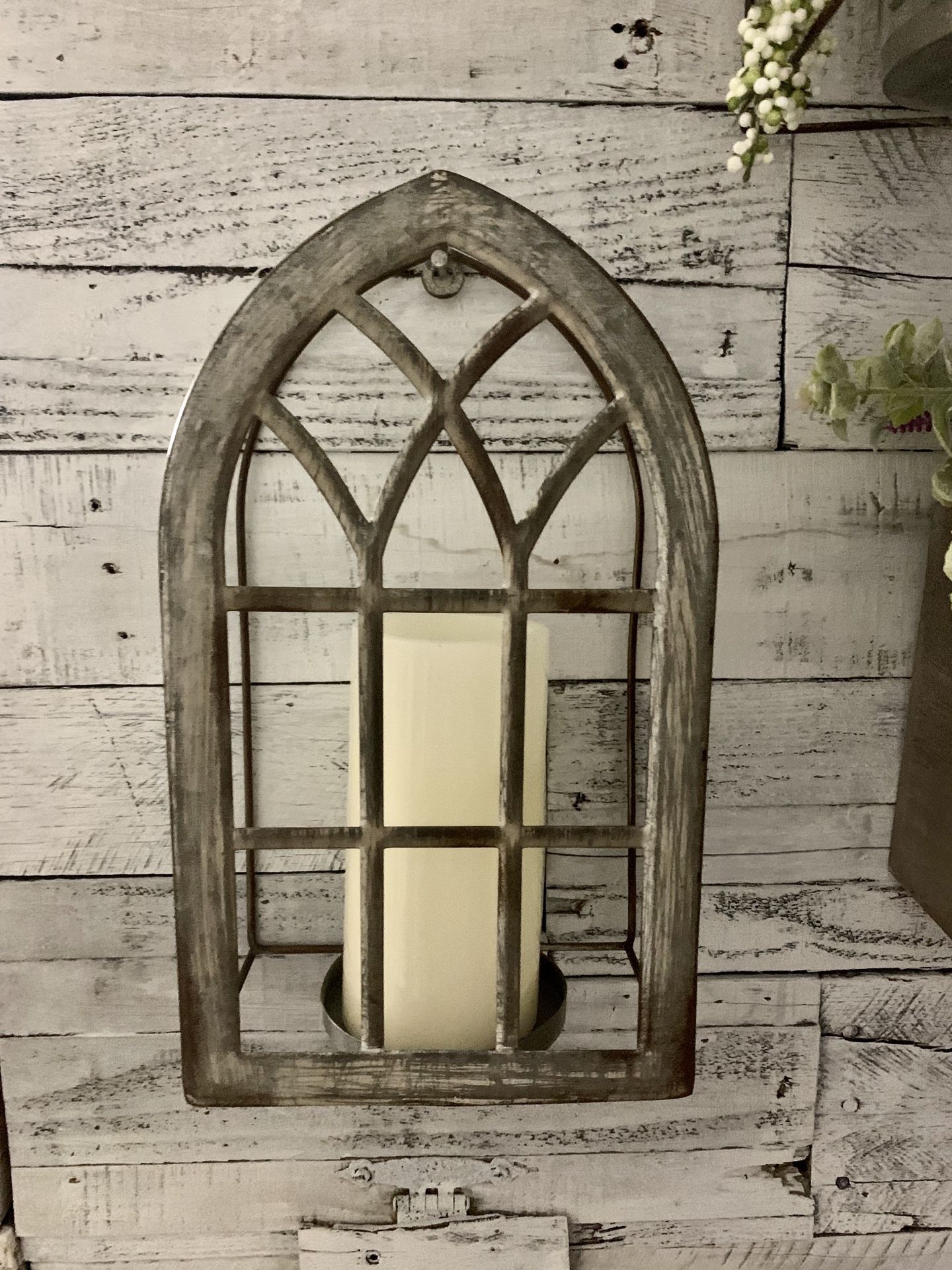 Unique / farmhouse metal cathedral display / candle holder / wall decor