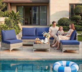 Gray 7-Piece Wicker Outdoor Patio Conversation Set with Blue Cushions and Glass Coffee Table