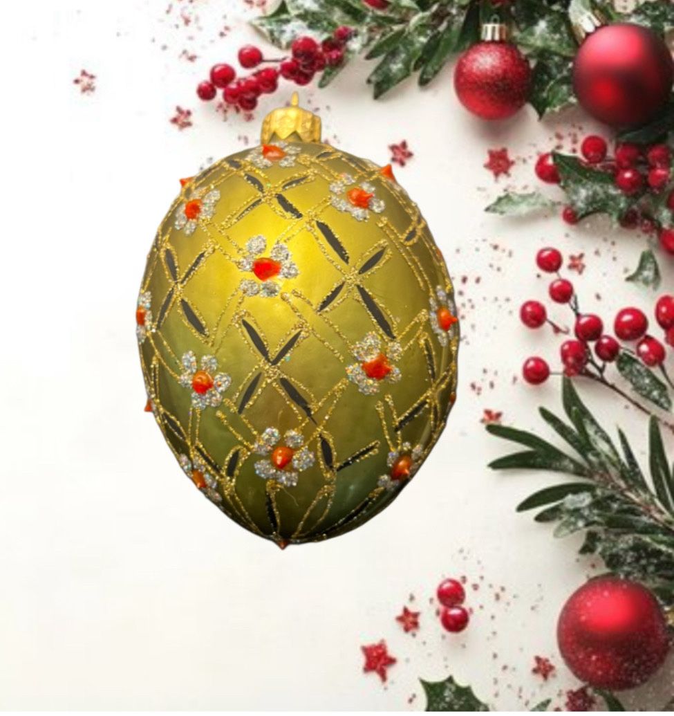Vintage 1990s Hand-Blown Hand-Painted Faberge Egg Olive-Gold Glass Ornament, 4”