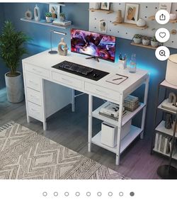 55 inch Computer Desk with 6 Drawers & 2 Open Shelves, Modern Home Office Desk with Storage, Writing Study Desk for Bedroom, Workspace，White
