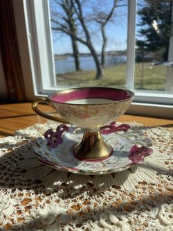 Cup Lefton China Hand Painted Tea Cup and Reticulated Saucer