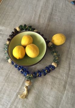 Antique, unique table jewelery from Istanbul, Turkey.Deep blue and sage hand made glass beads