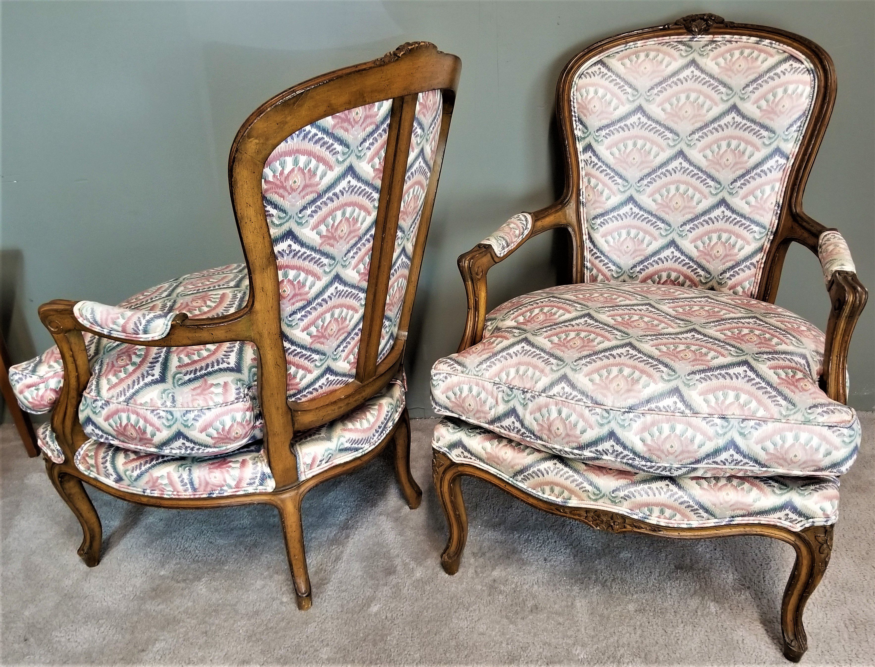 Pair of Vintage French Provincial Louis XV Hand Carved Wood Bergere Armchairs 19.5.25
