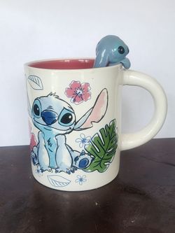 New Disney's Stitch Peeking Peek-a-Boo Large Mug Pink Flowers and Leaves
