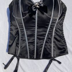 Satin Corset with Skull and Garter Belt Chain Lace Style Women Size 36 LG, Spicy Lingerie, Goth Princess, Steampunk, Sexy Overload, Halloween Costume