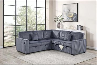 Sectional sofa with pull-out bed & storage grey corduroy