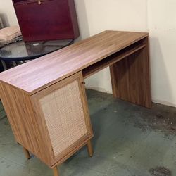 mopio Haylee Farmhouse Rattan Study Desk with Adjustable Shelf Storage Space