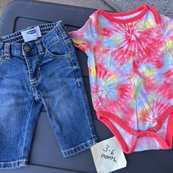 3-6 Month Clothes Bundle For Baby Girl. Tie Dye Baby Gap Onesie In Pink And Like New Denim Jeans 