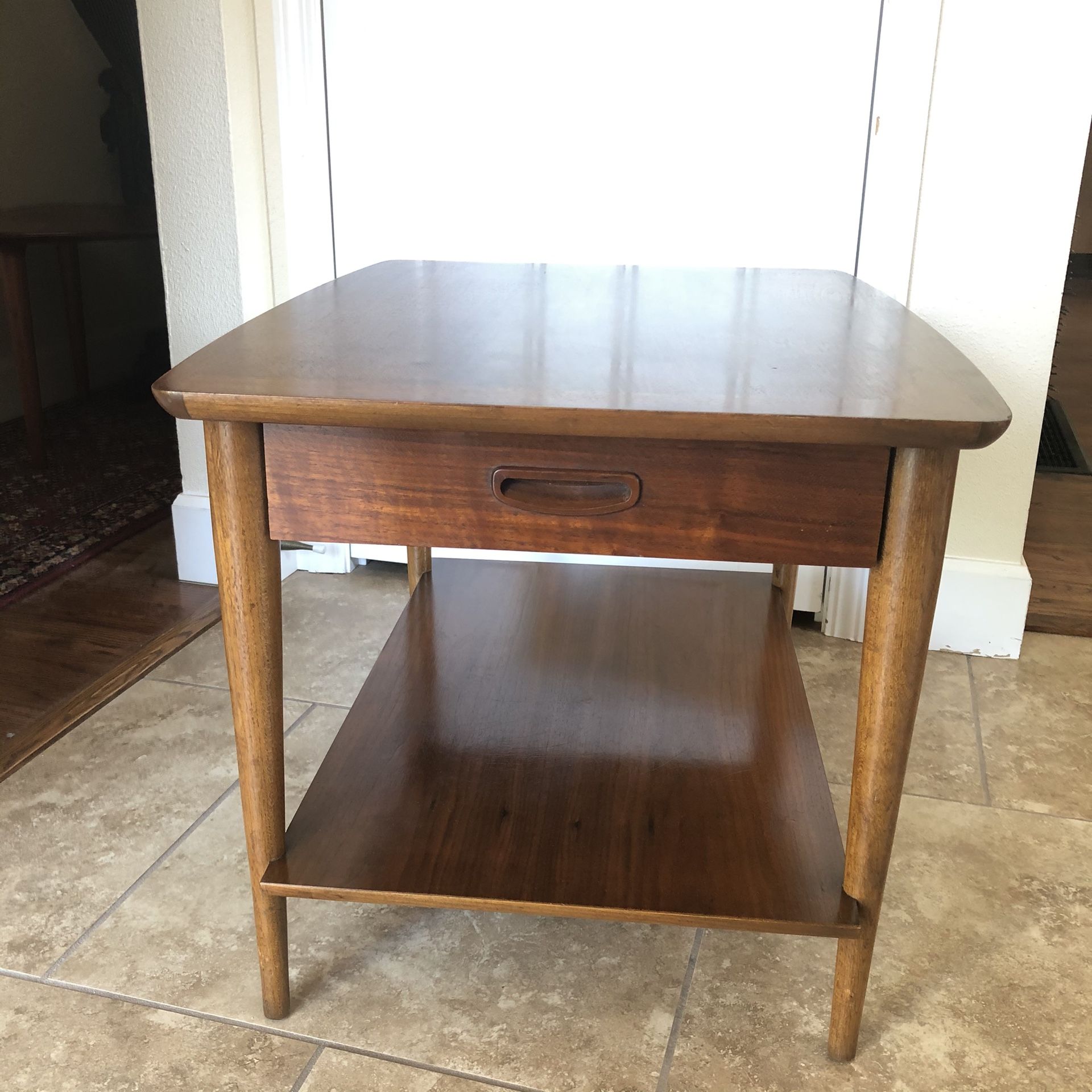 Mid Century Lane Walnut End Side Table with Drawer and Shelf