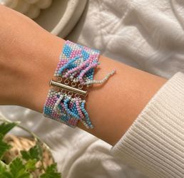 Handmade Pink/Blue Seed Beaded Boho 7” Bracelet