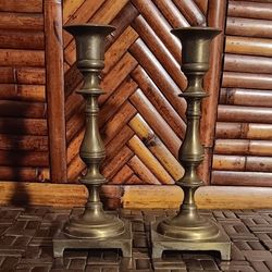 Vintage Brass Taper Candle Holder Set, 7.5" Pair Brass Candlestick Holders w/ Square Base Marked W