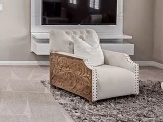 Pair of Carved Mango Wood Accent Chairs – Cream Linen w/ Nailhead