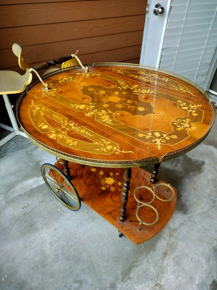 Vintage 1960s Italian Floral Inlay Rolling Bar Tea Cart
