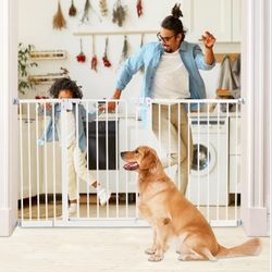 Kinfant Extra Wide Baby Gate - 58-Inch White Doorway & Stair Gate, Tall & Adjustable Extension Pressure Pet Gate, with Extension Kit, Pressure Mount K