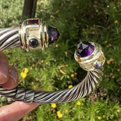 David Yurman Silver/14K Renaissance Cuff Bracelet 10mm Amethysts ,Garnet,Iolite