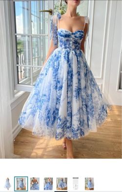 Blue Floral Tulle Midi Dress
