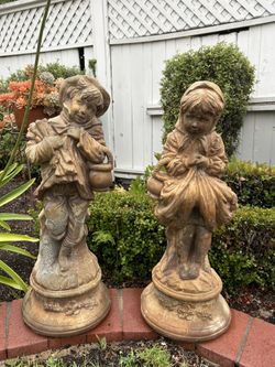 Vintage Set 2 Heavy Boy Girl Sculpture Garden Statues Yard Art French Artwork Collectibles