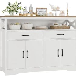 47" Modern Farmhouse Sideboard Buffet Cabinet, Wood Buffet Storage Cabinet with Drawers & Shelves, Large Coffee Bar with Storage, Microwave Stand for 