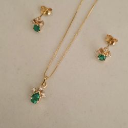 Gold Necklace/chain And Earrings With Colombian Emarld