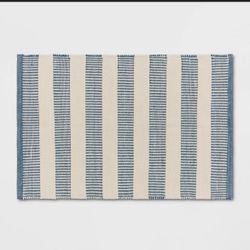 Rectangular Hand Made Woven Outdoor Rug Striped Ivory/Blue - Threshold™ designed with Studio McGee