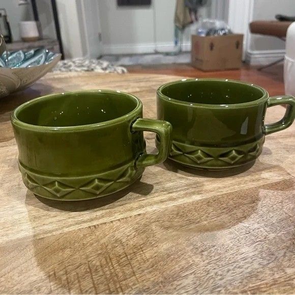 Vintage 70’s Olive Green Soup Bowls With Handles Made In Japan Set Of 2