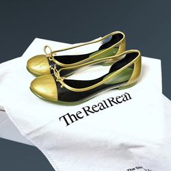 Saint Laurent Gold Metallic Leather Clear Paneled Ballet Green Sole Flats Sz 4.5