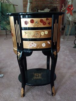 Gold Chinouserie ,3 drawer wood side table